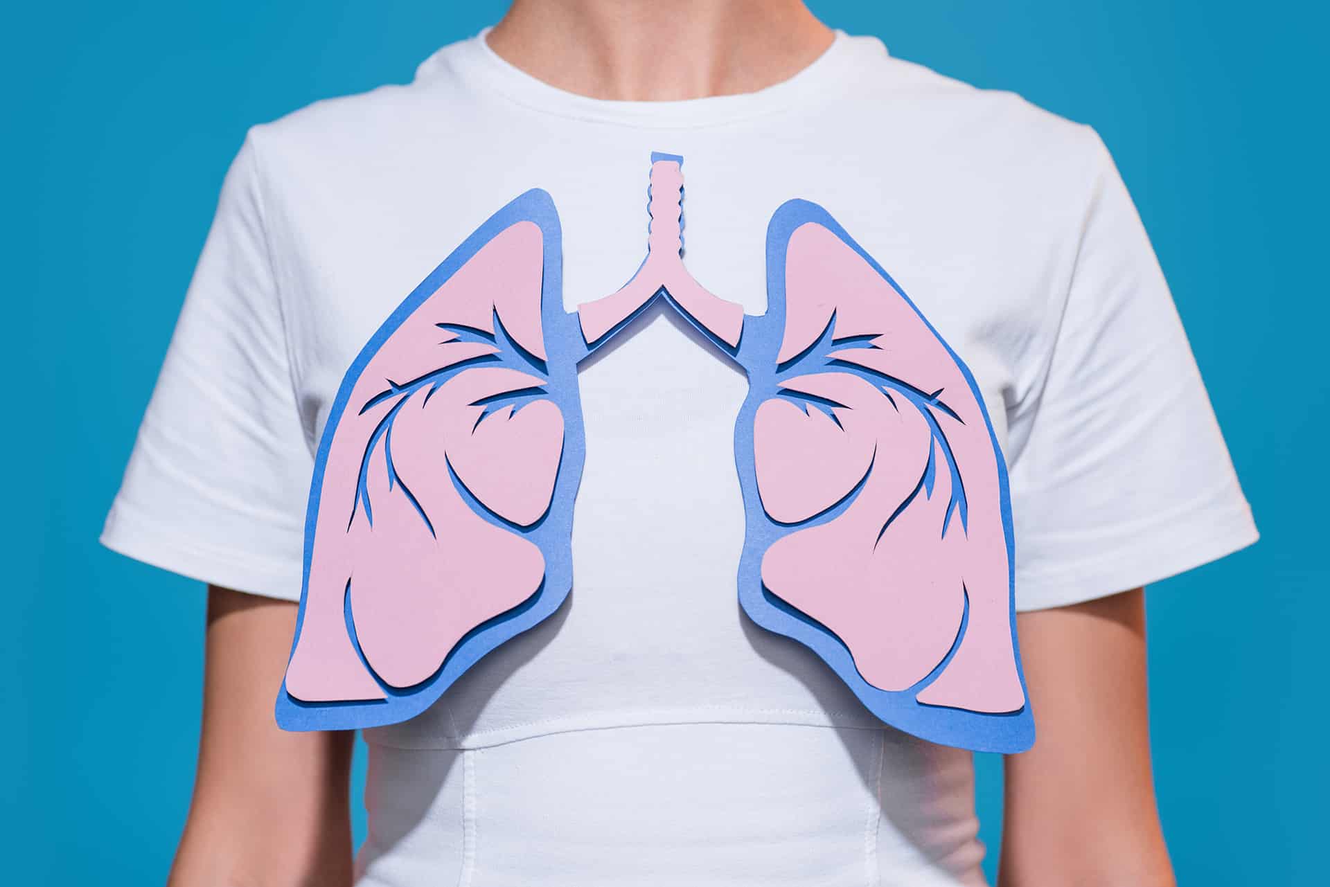 partial view of woman in white tshirt with paper crafted lungs o